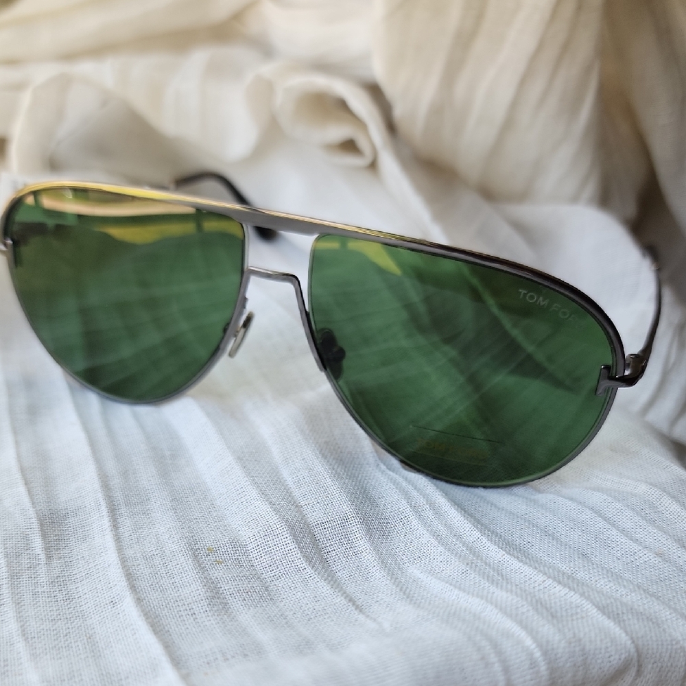 Tom Ford Silver Frame Sunglasses with Green Lenses